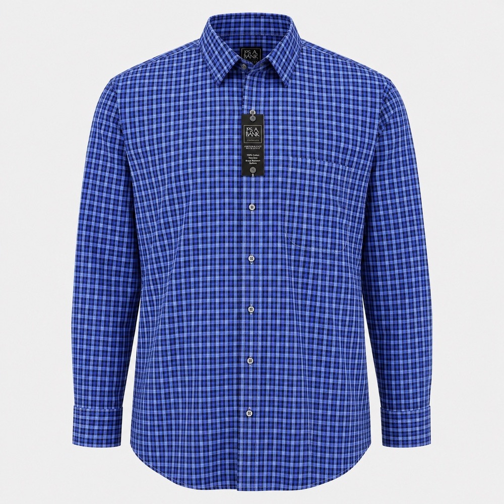 NWT‎ Jos. A. Bank Traveler Shirt Mens 2X Blue Plaid Non-Iron Long Sleeve Cotton